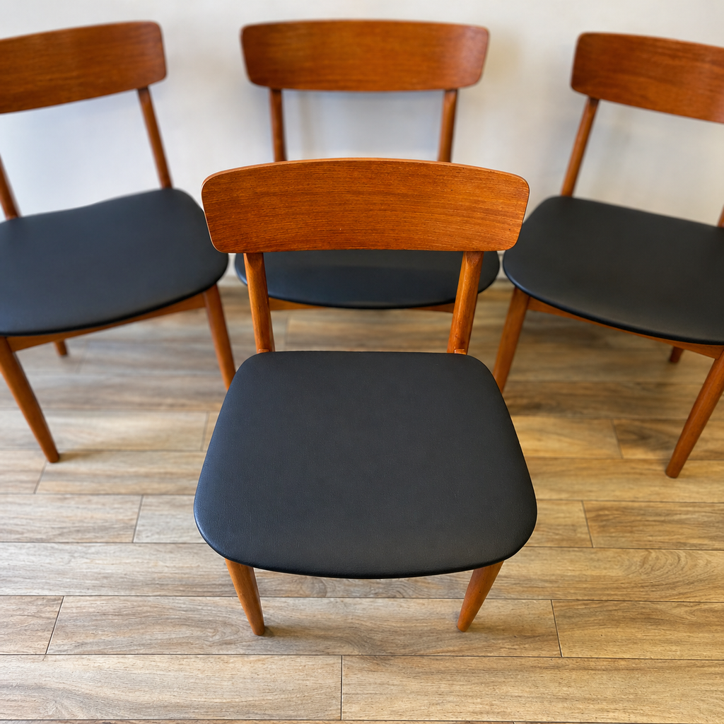 Set of Four Teak & Black Vinyl Dining Chairs