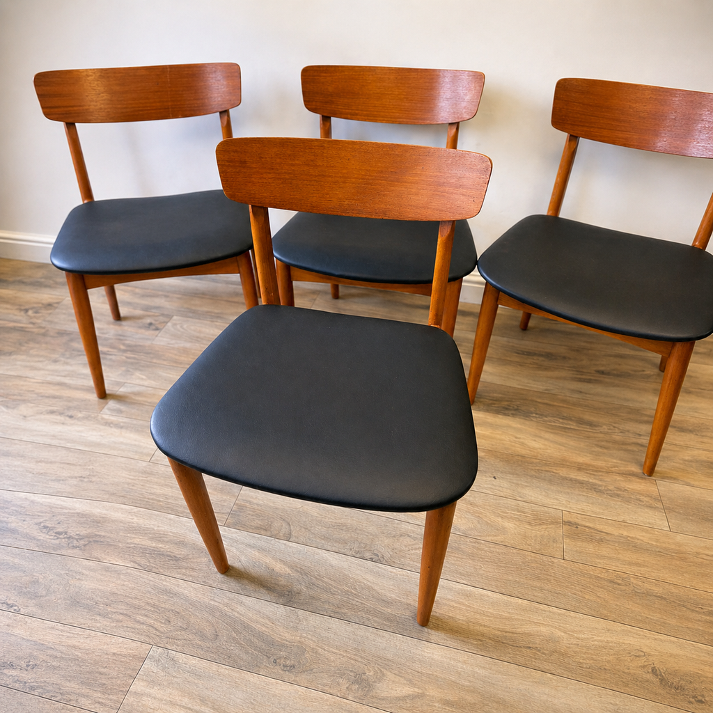 Set of Four Teak & Black Vinyl Dining Chairs