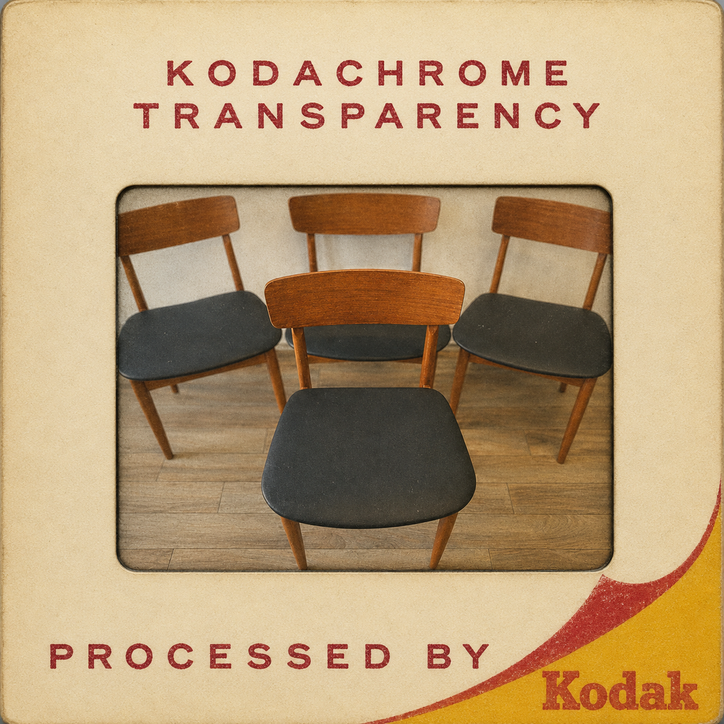 Set of Four Teak & Black Vinyl Dining Chairs